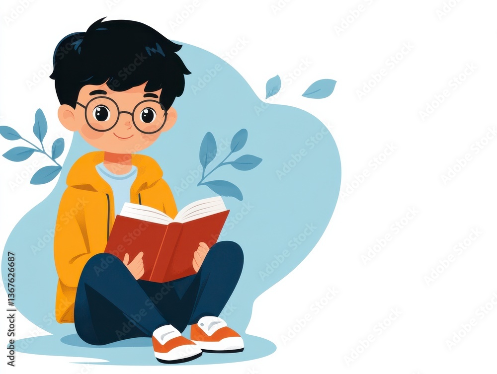 Young boy sitting on floor reading a book with a relaxed expression and Young boy sitting on floor reading a book with a relaxed expression and