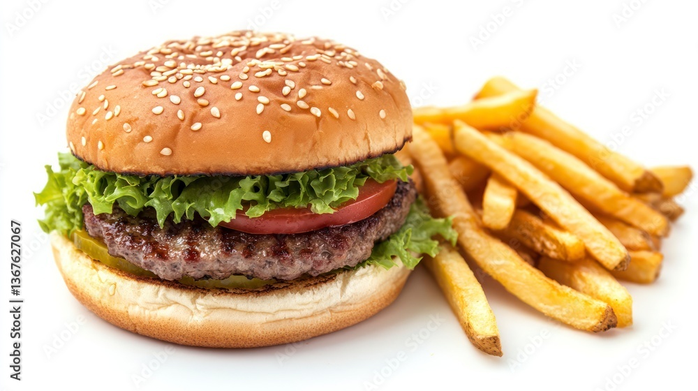 Classic Hamburger with French Fries on a White Background Close Up Classic Hamburger with French Fries on a White Background Close Up