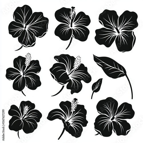 White background featuring modern black silhouettes of tropical hibiscus flowers
