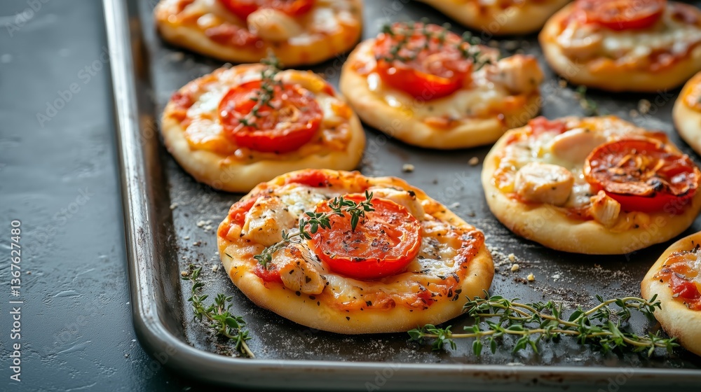 A tray of freshly baked mini pizzas topped with juicy tomatoes, melted cheese, and fresh herbs, perfect for appetizers. A tray of freshly baked mini pizzas topped with juicy tomatoes, melted cheese, and fresh herbs, perfect for appetizers.