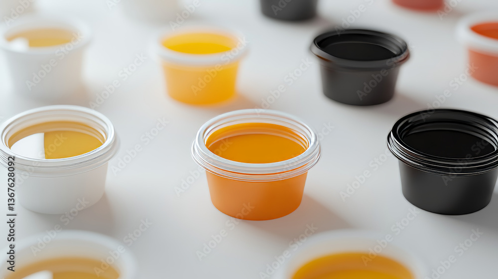 Blank plastic containers with lids for sauces. Mustard, ketchup, mayonnaise, soy sauce, pink ginger and wasabi for sushi packaging mockups isolated. Realistic vector illustration Blank plastic containers with lids for sauces. Mustard, ketchup, mayonnaise, soy sauce, pink ginger and wasabi for sushi packaging mockups isolated. Realistic vector illustration