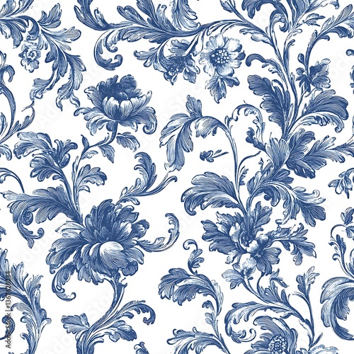 Wallpaper Mural Elegant Blue Floral Pattern on White Background for Textile Design Torontodigital.ca