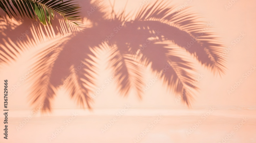 Fototapeta premium Peach Wall with Palm Leaf Shadows Summer Minimalist Background