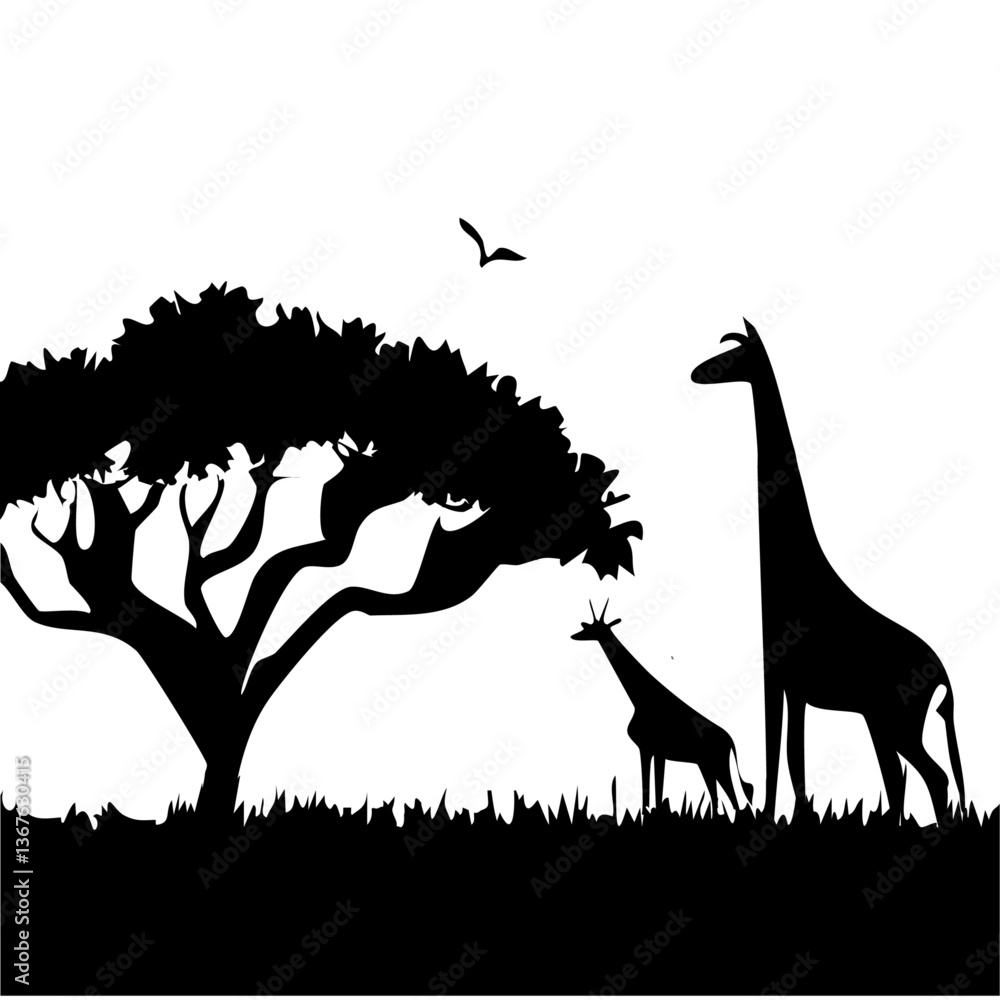 silhouette of a giraffe animal in the savannah. African landscape scene vector design