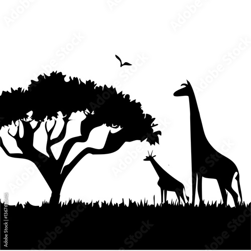 Obraz na płótnie silhouette of a giraffe animal in the savannah. African landscape scene vector design w salonie
