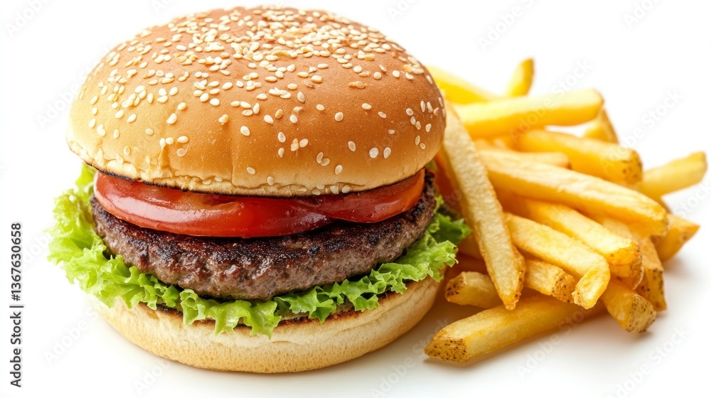 Delicious Burger with French Fries Isolated on White Background for Food Photography Delicious Burger with French Fries Isolated on White Background for Food Photography