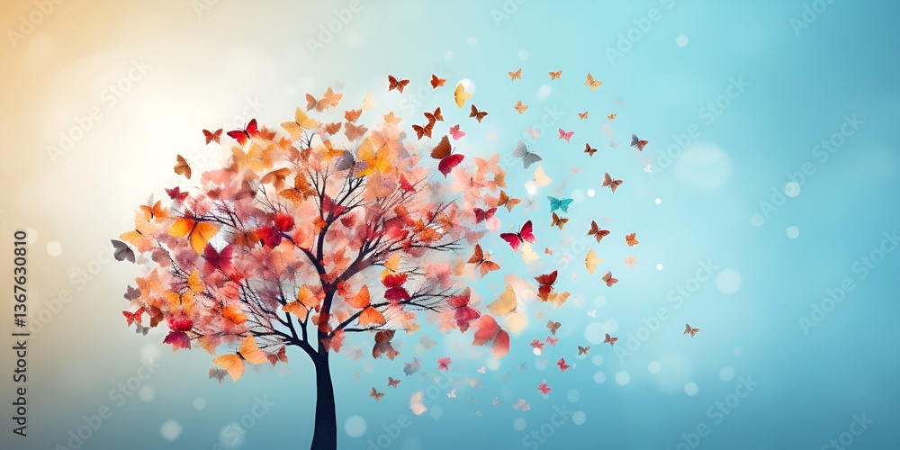 Fototapeta premium A tree with colorful leaves made of butterflies, against a light blue background. The concept symbolizes growth and development in life or business, isolated on a pastel background. bokeh background
