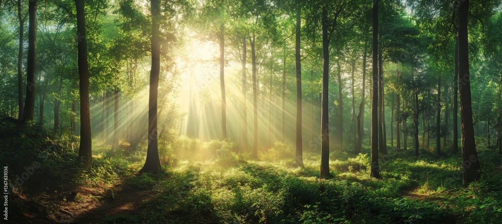 Obraz premium Sunlight streams through a lush forest