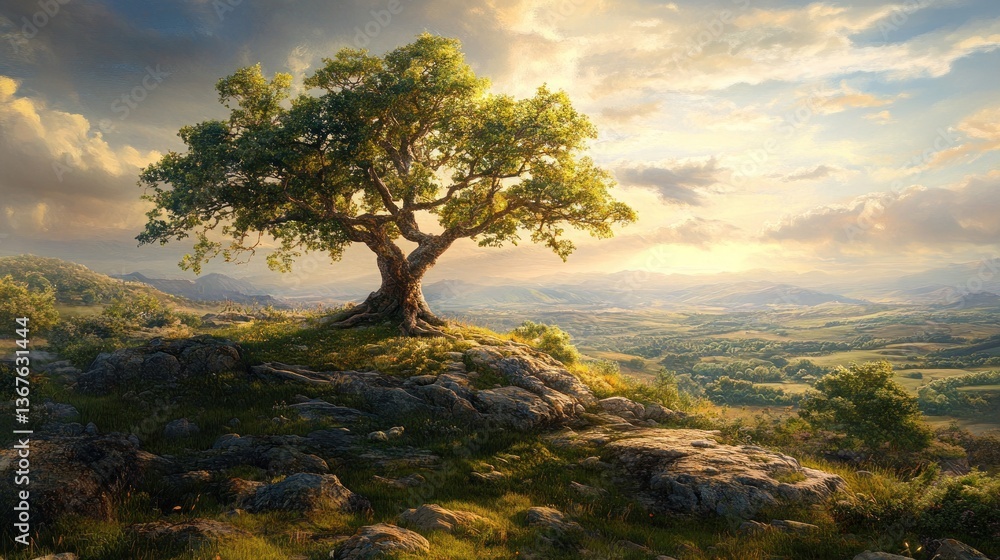 Solitary Tree on Hilltop at Sunset Solitary Tree on Hilltop at Sunset