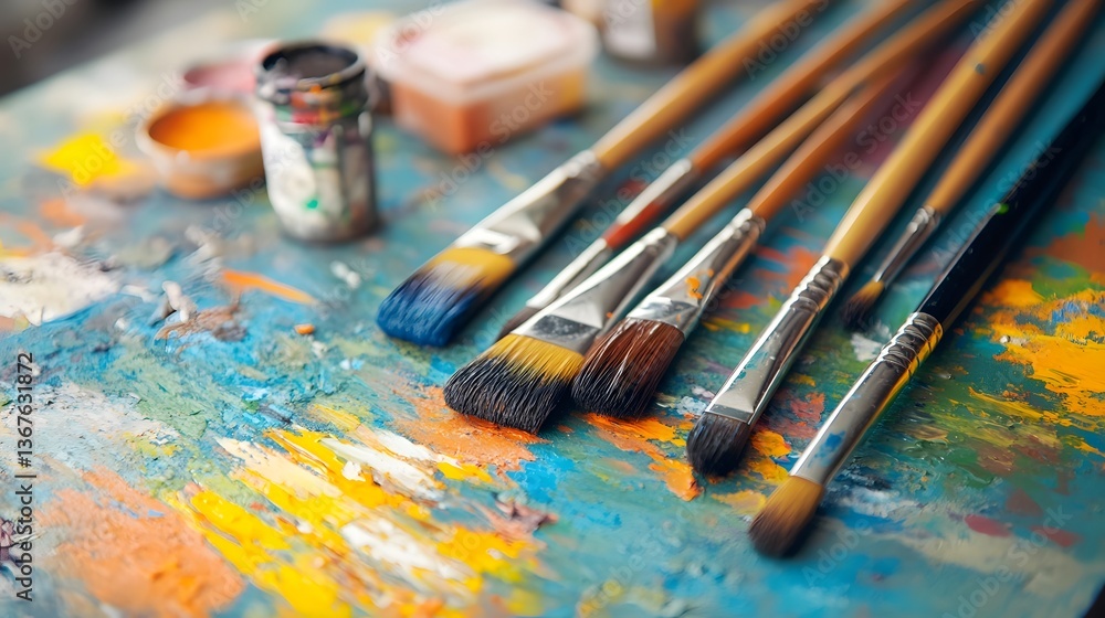 Fototapeta premium workspace with vibrant paints and brushes