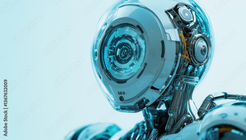 Fototapeta premium Futuristic Robot Head with AI SEO Text and Tech Details in Studio