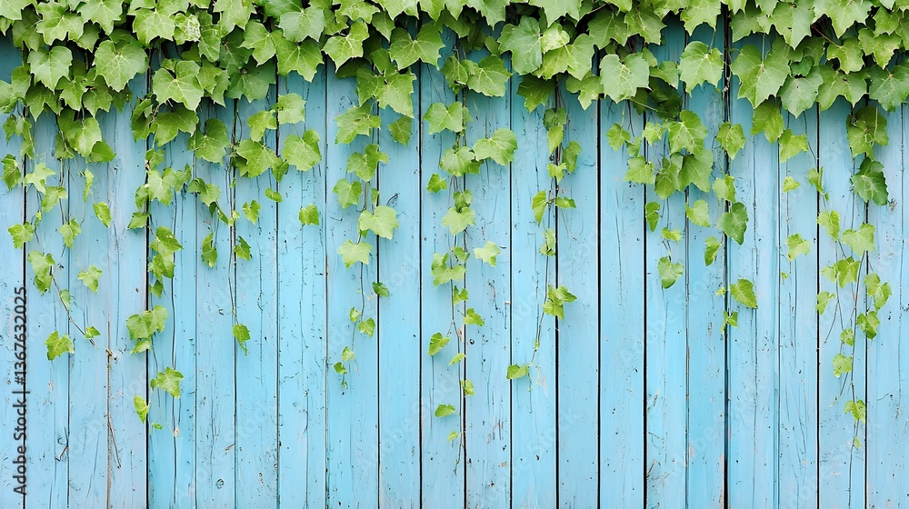 Green Ivy Growing on a Weathered Light Blue Wooden Fence Green Ivy Growing on a Weathered Light Blue Wooden Fence