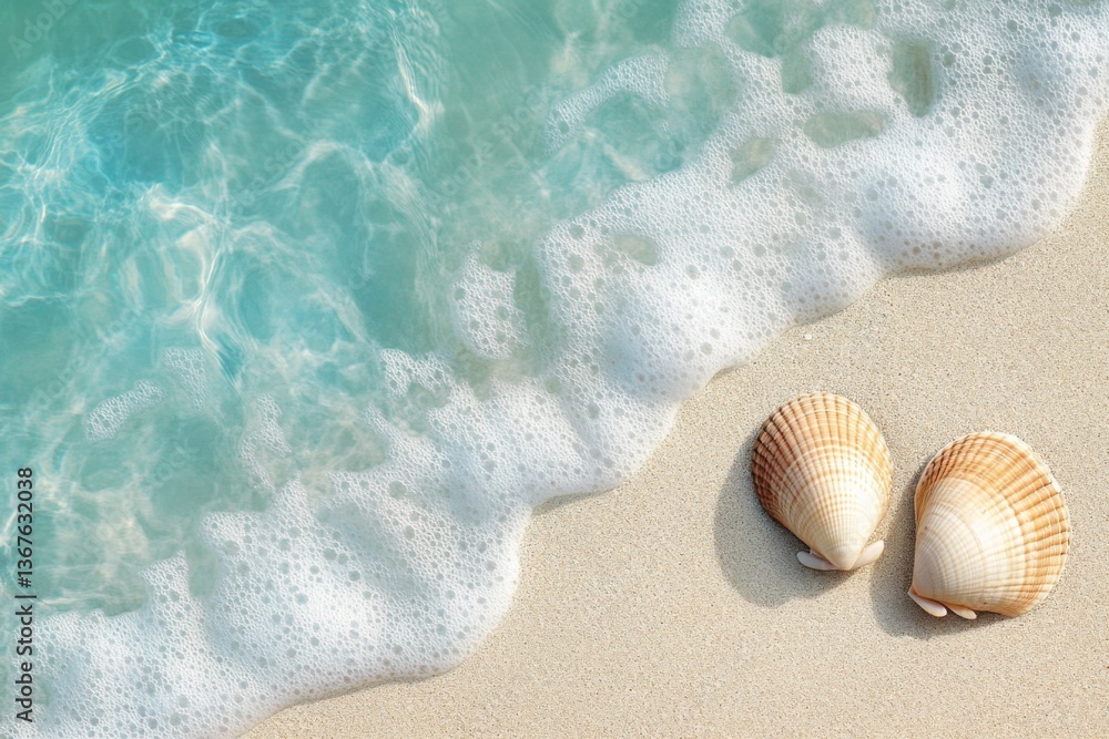 Top view of two seashells on the beach with waves and sand, with copy space. Summer vacation concept. Top view of two seashells on the beach with waves and sand, with copy space. Summer vacation concept.