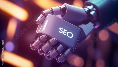 Futuristic AI SEO Strategy Robot Hand Optimizing Search Engine Results