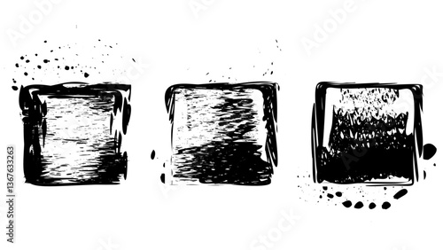 Set Grunge graffiti stencil frames with spray paint borders. Black vector rectangles and squares. 