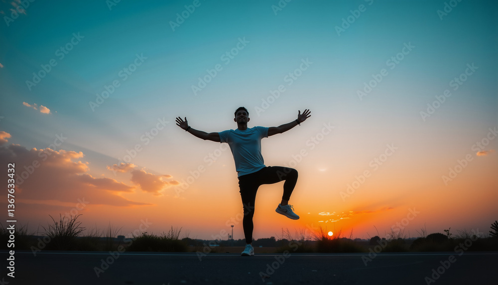 Fototapeta premium Man performing workout joyfully against sunset backdrop 