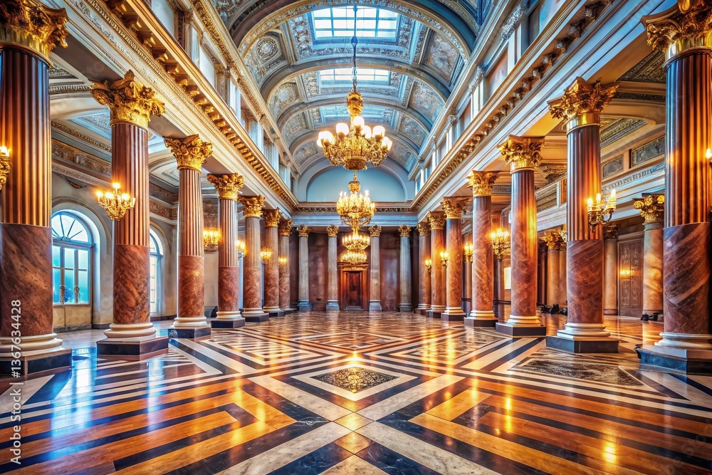 Grand Hall Marble Flooring Columns - Luxurious Interior Architecture Stock Photo