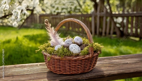 Easter basket with marble eggs, moss, and feathers on a wooden bench in a blooming garden."