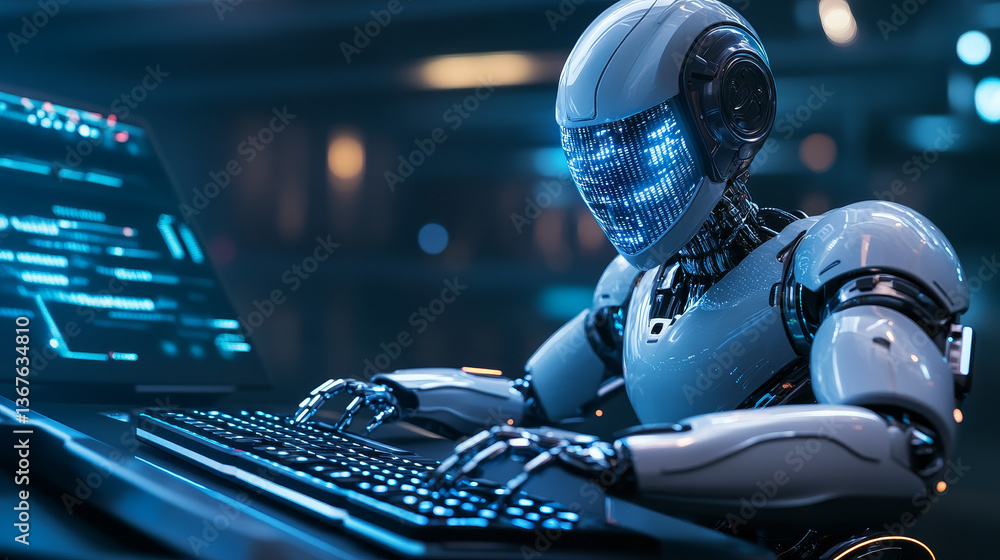 AI Powered Humanoid Robot with Glass Visor Typing on Futuristic Touch Keyboard. Humanoid Robot Swiftly Programming on Glass Keyboard. Concept: Artificial Intelligence Assistant Writing Text. AI Powered Humanoid Robot with Glass Visor Typing on Futuristic Touch Keyboard. Humanoid Robot Swiftly Programming on Glass Keyboard. Concept: Artificial Intelligence Assistant Writing Text.