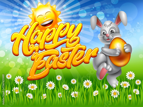 Bright Easter banner with Easter bunny sun and flowers