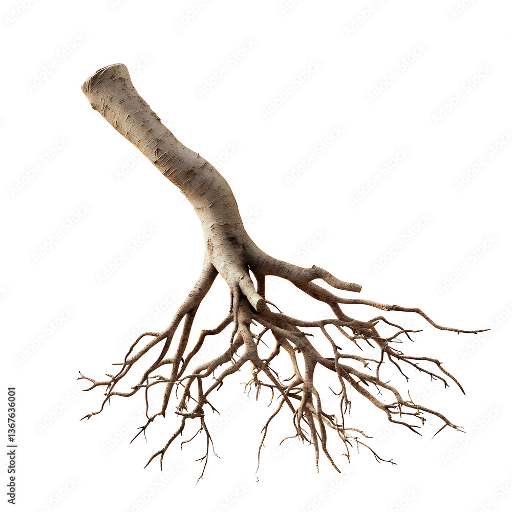 Fototapeta premium Isolated Tree Root Structure with Fine Rootlets on Black Background PNG Transparent