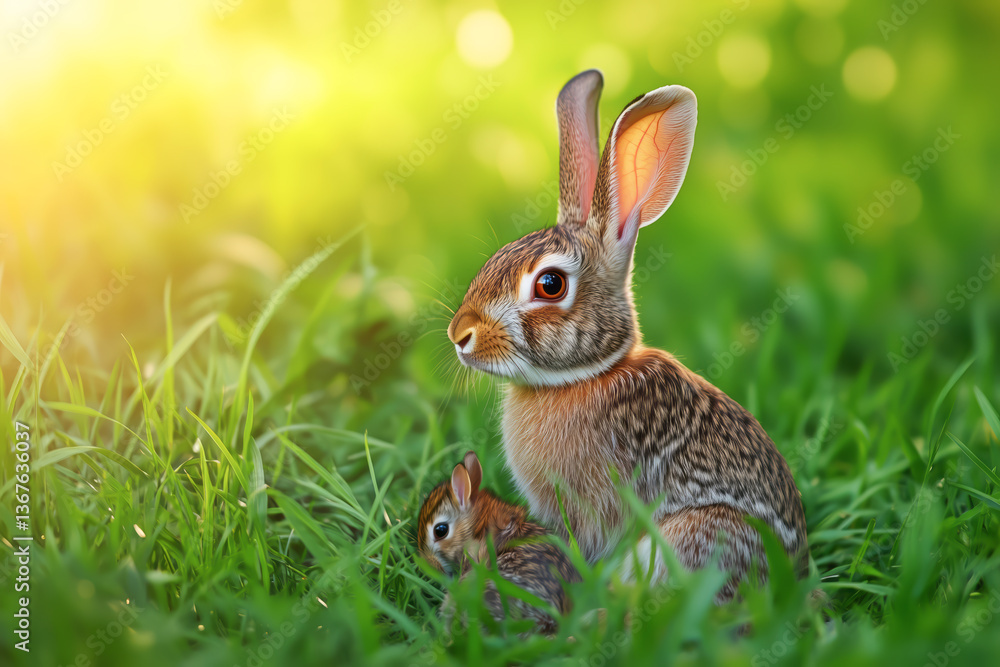 Beautiful rabbits resting in a lush green meadow during a warm spring afternoon with sunlight filtering through the leaves Beautiful rabbits resting in a lush green meadow during a warm spring afternoon with sunlight filtering through the leaves