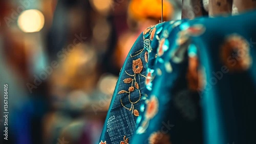 Elegant fabric with floral embroidery, close-up detail of textile artistry in soft focus