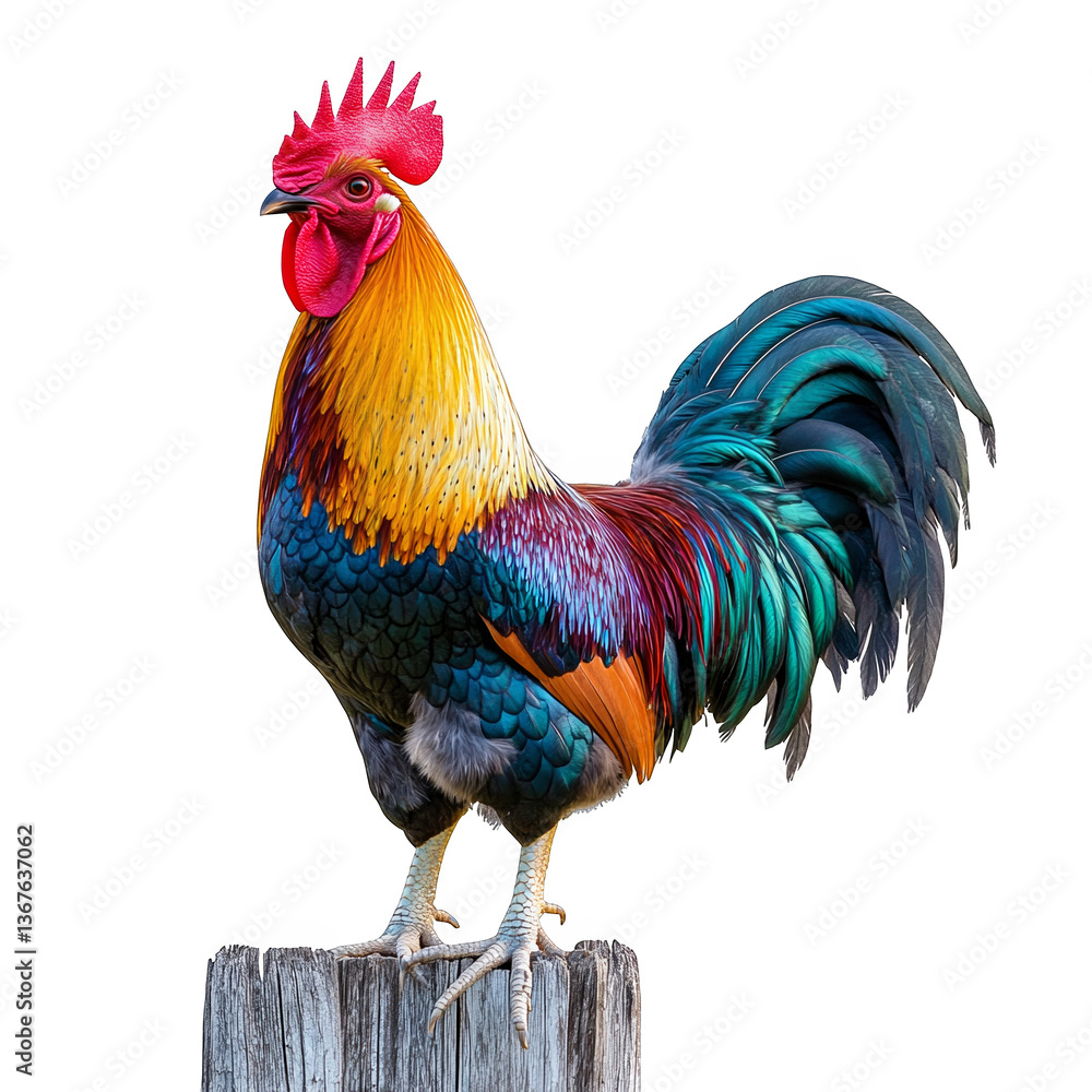 Fototapeta premium Colorful rooster standing proudly on wooden post with vibrant plumage on transparent background
