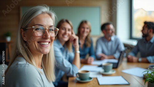 A cheerful group of business professionals sitting at a conference table, smiling and laughing during a relaxed team meeting. A woman with gray hair and glasses in focus, with colleagues in the backgr