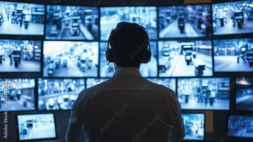 Security-guard watching video monitoring surveillance security system. Mans In Control Room-Monitoring Multiple Cctv Footage. Video surveillance concept. Flat 3d isometric vector illustration Security-guard watching video monitoring surveillance security system. Mans In Control Room-Monitoring Multiple Cctv Footage. Video surveillance concept. Flat 3d isometric vector illustration