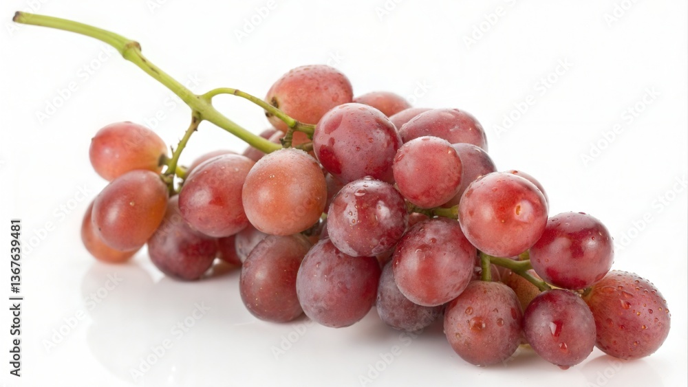 Fresh Red Grapes with Water Droplets on White Background. Juicy Red Grape Bunch Isolated on White. Close-up of Fresh Red Grapes with Stem. Ripe and Juicy Red Grapes Macro Photography. Fresh Red Grapes with Water Droplets on White Background. Juicy Red Grape Bunch Isolated on White. Close-up of Fresh Red Grapes with Stem. Ripe and Juicy Red Grapes Macro Photography.