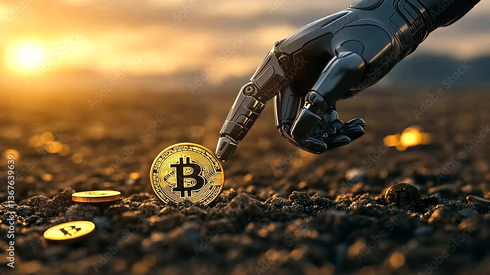 A post-apocalyptic scene where a robotic hand plants a Bitcoin in barren soil, with the faint glow of underground cryptocurrency networks activating.