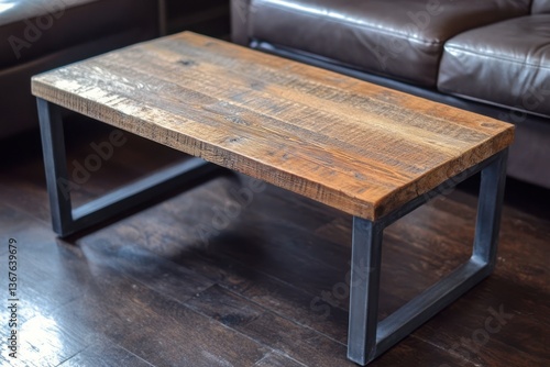 Industrial-style coffee table with metal legs and rustic wood top.