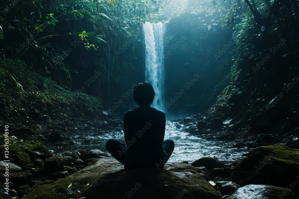 Meditating woman by waterfall in jungle Meditating woman by waterfall in jungle