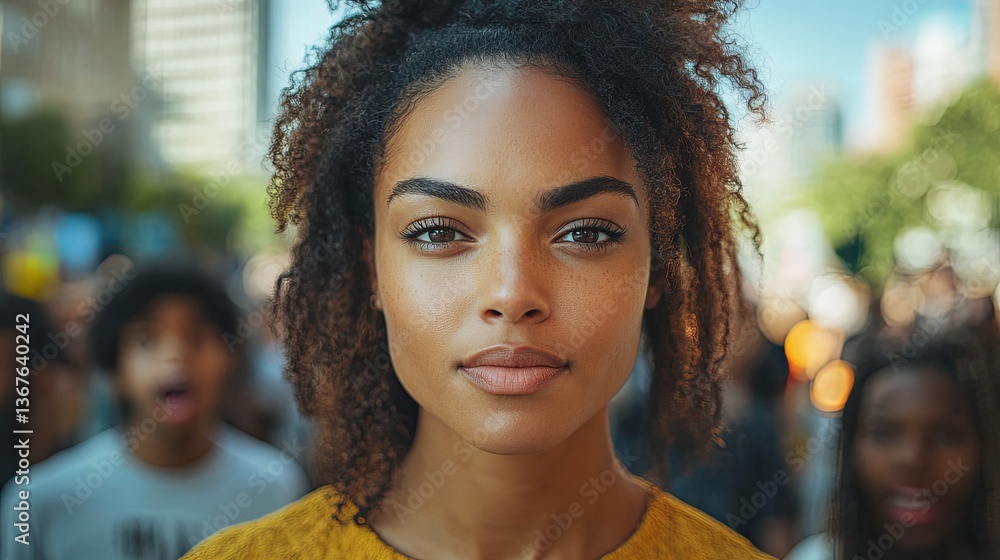 Closeup of a determined black woman leading a group of young protesters outdoors during a demonstration against racial discrimination Closeup of a determined black woman leading a group of young protesters outdoors during a demonstration against racial discrimination