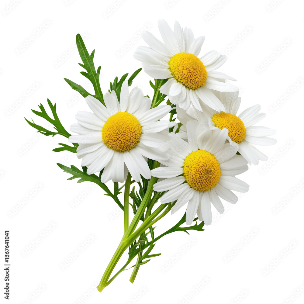Fototapeta premium Fresh Daisies with Green Leaves Arrangement, png element with transparent bg