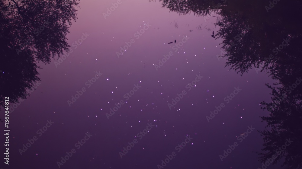 Fototapeta premium Purple twilight sky between trees, with sparkling lights.