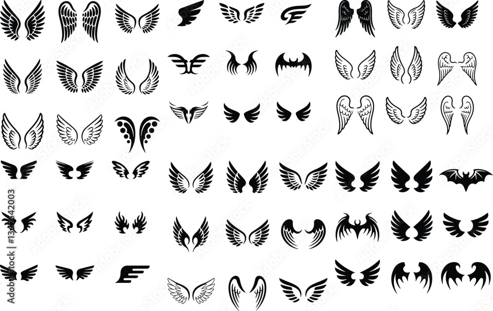 Wings icons set. Wing logo. Vector Illustration of wings collection set Angel wings icon vector set. fly illustration sign collection. pilot symbol. Wings icons set. Simple set of wings vector icons Wings icons set. Wing logo. Vector Illustration of wings collection set Angel wings icon vector set. fly illustration sign collection. pilot symbol. Wings icons set. Simple set of wings vector icons