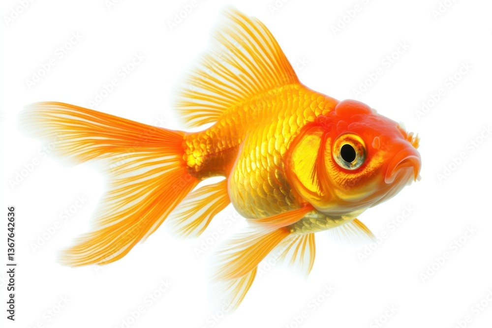 Lionhead goldfish floating, bright orange scales, soft flowing fins, isolated. Lionhead goldfish floating, bright orange scales, soft flowing fins, isolated.