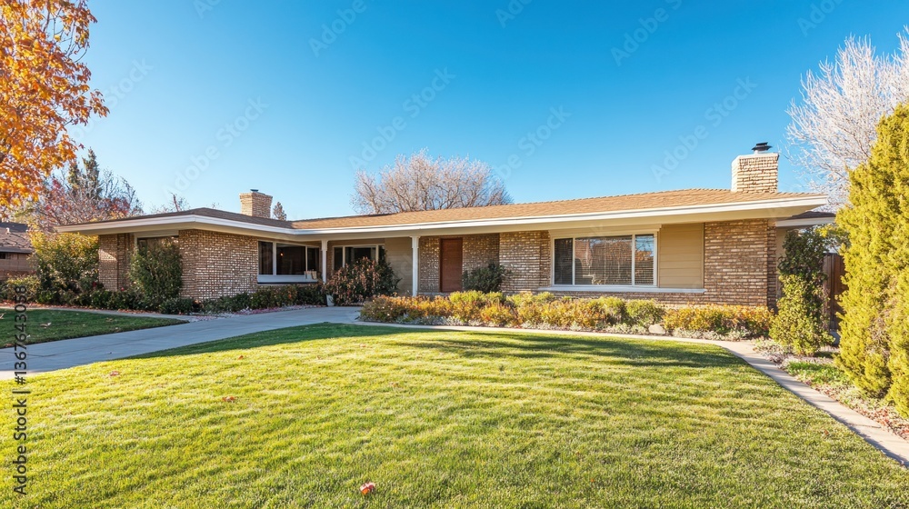 Fototapeta premium Ranch-style house with brick exterior, landscaped yard, and autumn foliage.