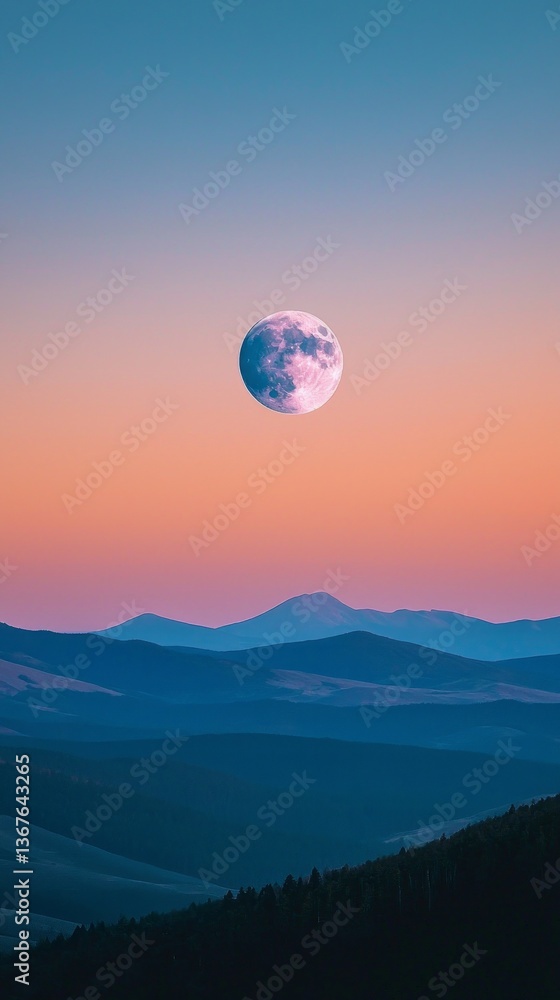 As twilight descends, a brilliant full moon illuminates the tranquil mountains, casting serene shadows across the undulating landscape. The sky transitions to captivating hues of blue and pink As twilight descends, a brilliant full moon illuminates the tranquil mountains, casting serene shadows across the undulating landscape. The sky transitions to captivating hues of blue and pink