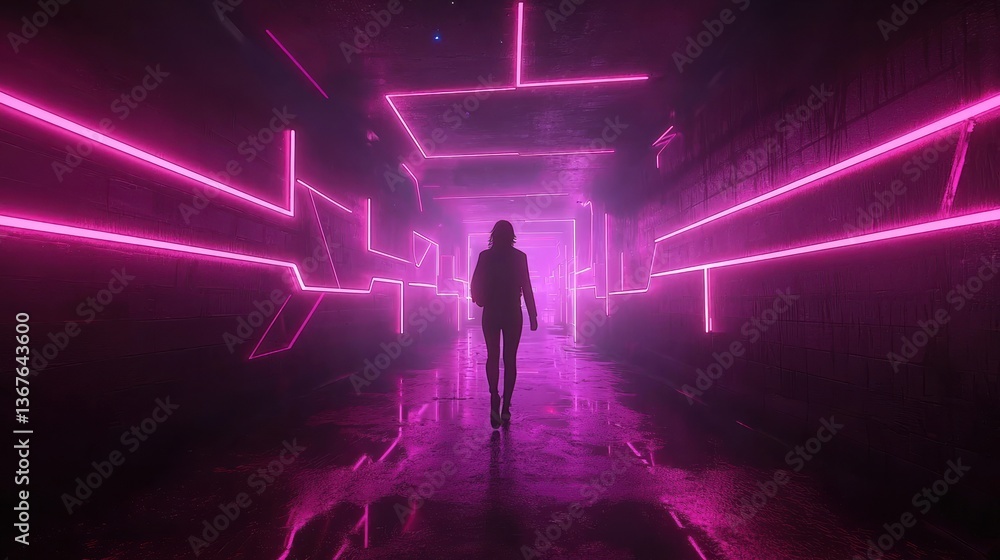 A silhouette walks through a neon-lit corridor with vibrant pink lights reflecting on wet surfaces A silhouette walks through a neon-lit corridor with vibrant pink lights reflecting on wet surfaces