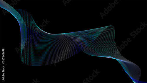 Abstract background with flowing, wavy lines in shades of blue and purple against a dark black backdrop. Modern and dynamic design element.