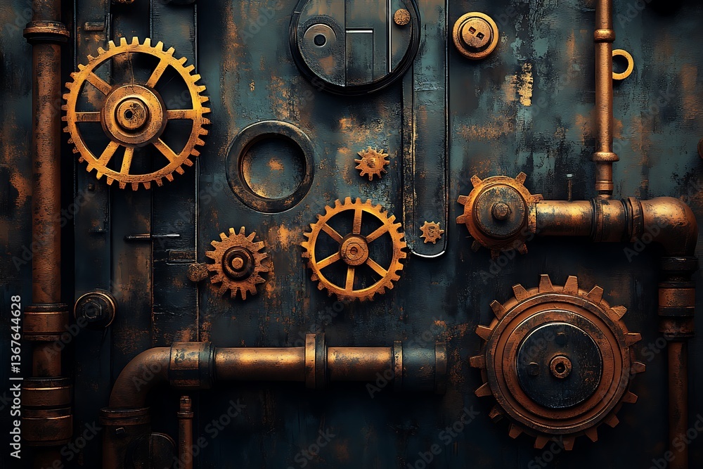 A retro-futuristic design showcasing aged metallic gears in steampunk style. A retro-futuristic design showcasing aged metallic gears in steampunk style.