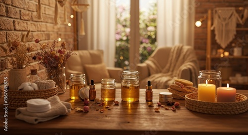 Charming studio with a wooden desk, dried flowers, and a view of the garden throughout the day