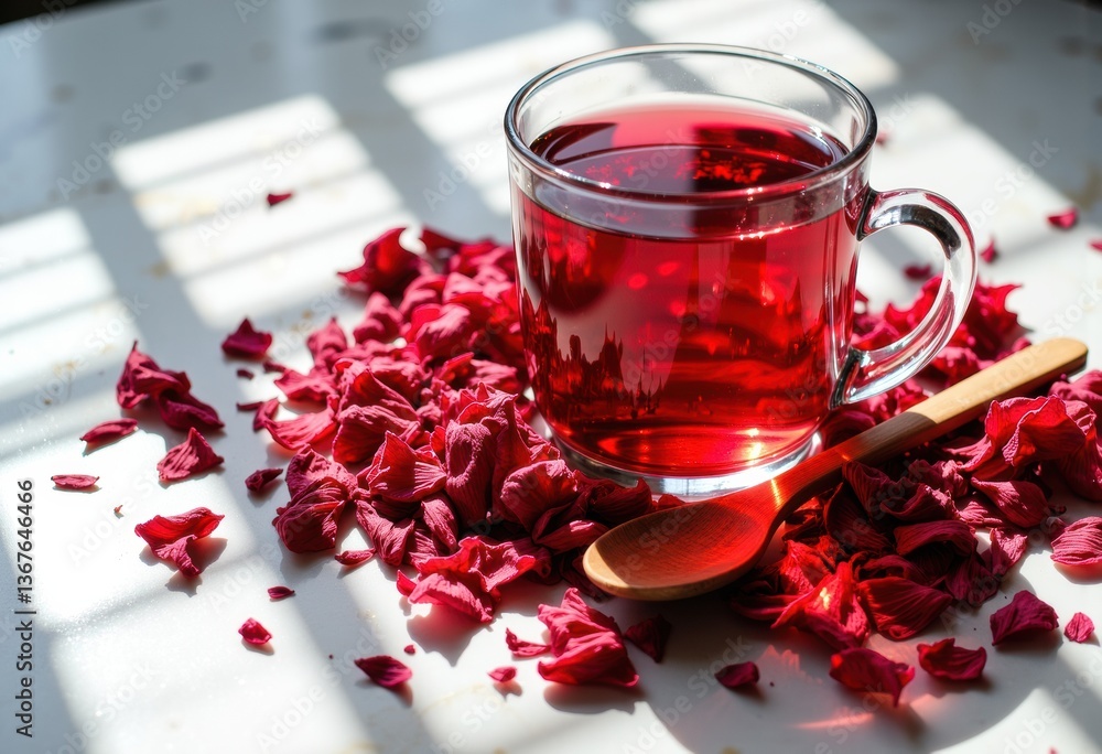 A cup of rose tea surrounded by vibrant rose petals and a wooden spoon A cup of rose tea surrounded by vibrant rose petals and a wooden spoon