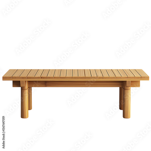 Minimalist Japanese bamboo bench, natural light wood finish, clean simple lines, sturdy construction, isolated against a plain white background