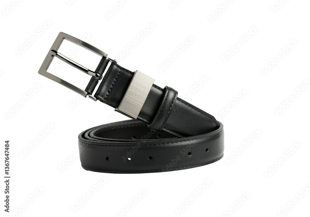 A floating belt with a polished metal buckle, on a solid white background A floating belt with a polished metal buckle, on a solid white background