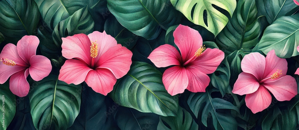 Fototapeta premium Pink hibiscus flowers amidst lush tropical foliage, nature background, summer design