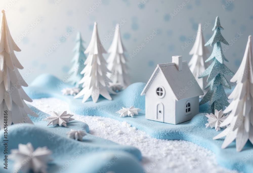 Fototapeta premium A charming winter scene featuring a white house surrounded by snowy trees